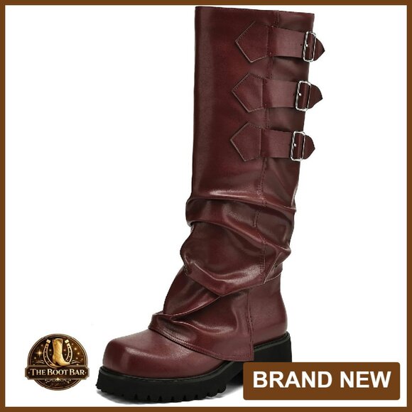 Knee High Fold Over Platform Boots Square Toe Buckle Riding Boots